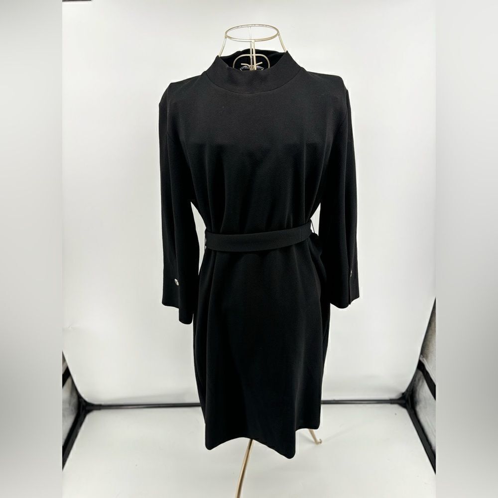 Zara Black Mock Neck 3/4 Sleeve Belted Mini Dress Size Medium Modest Classic